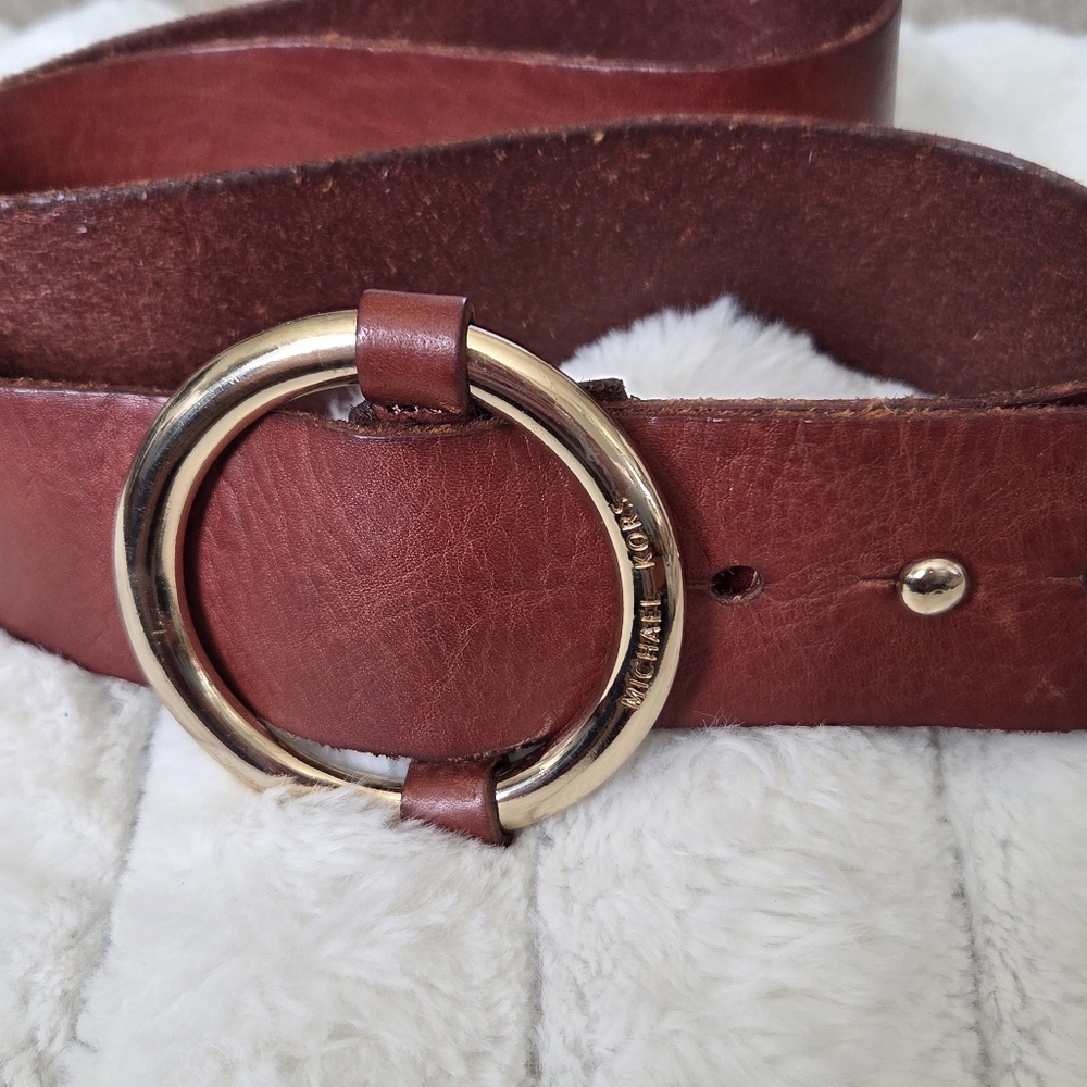 Vintage Michael Kors Y2K Genuine Leather Wide Brown‎ Boho Belt XL -Gold Buckle